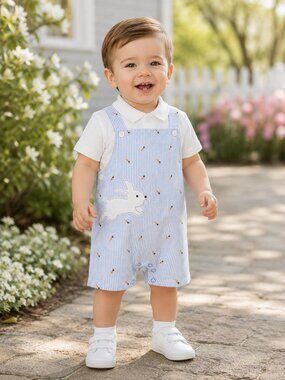 NWT Baby Essentials Baby Boy 2 Piece Bunny Romper Set 12M Blue Seersucker